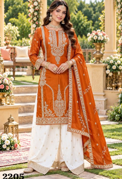 Orange Chinon Readymade Salwar Suit with Embroidered Work